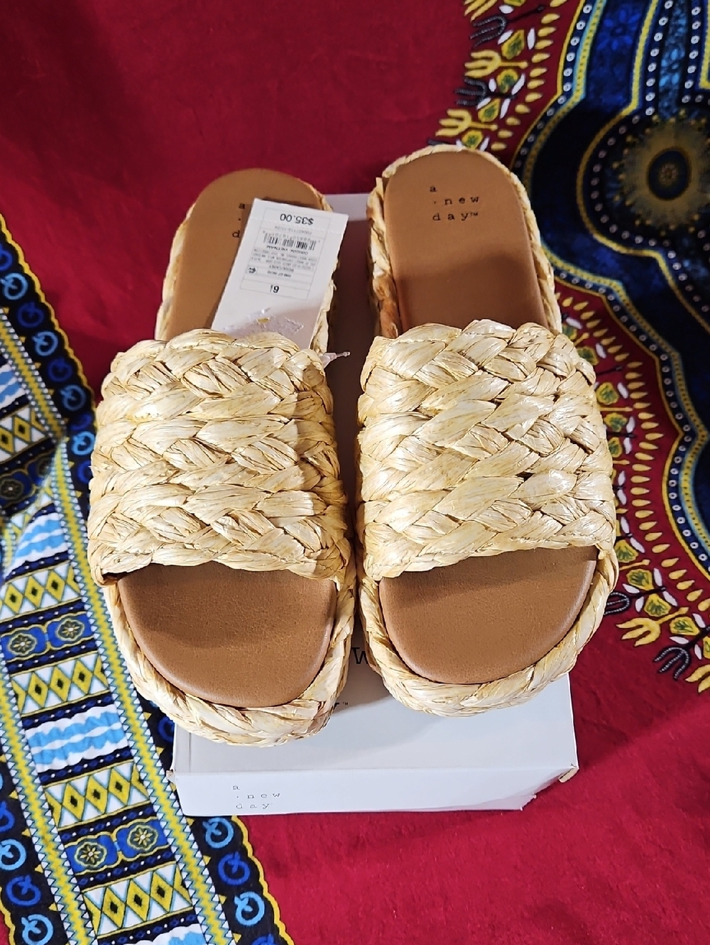 A New Day "Casey" Braided Raffia Platform Slide Sandals, New in Box with Tags